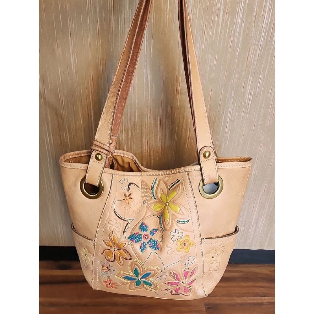 Y2K Fossil Embroidered Med Leather Tote Bag